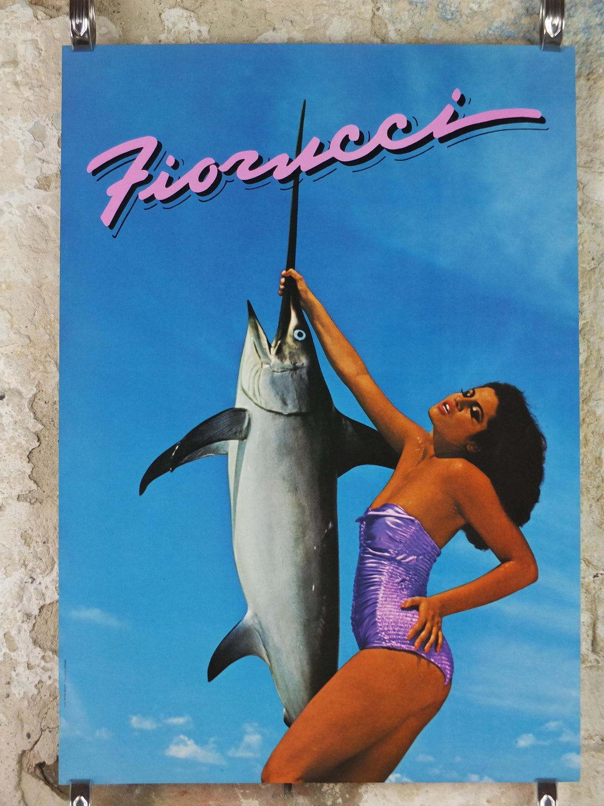 1979 Fiorucci Swordfish Poster, Italian fashion label, beautiful woman in purple swimsuit with swordfish, advertising retro wall art decor