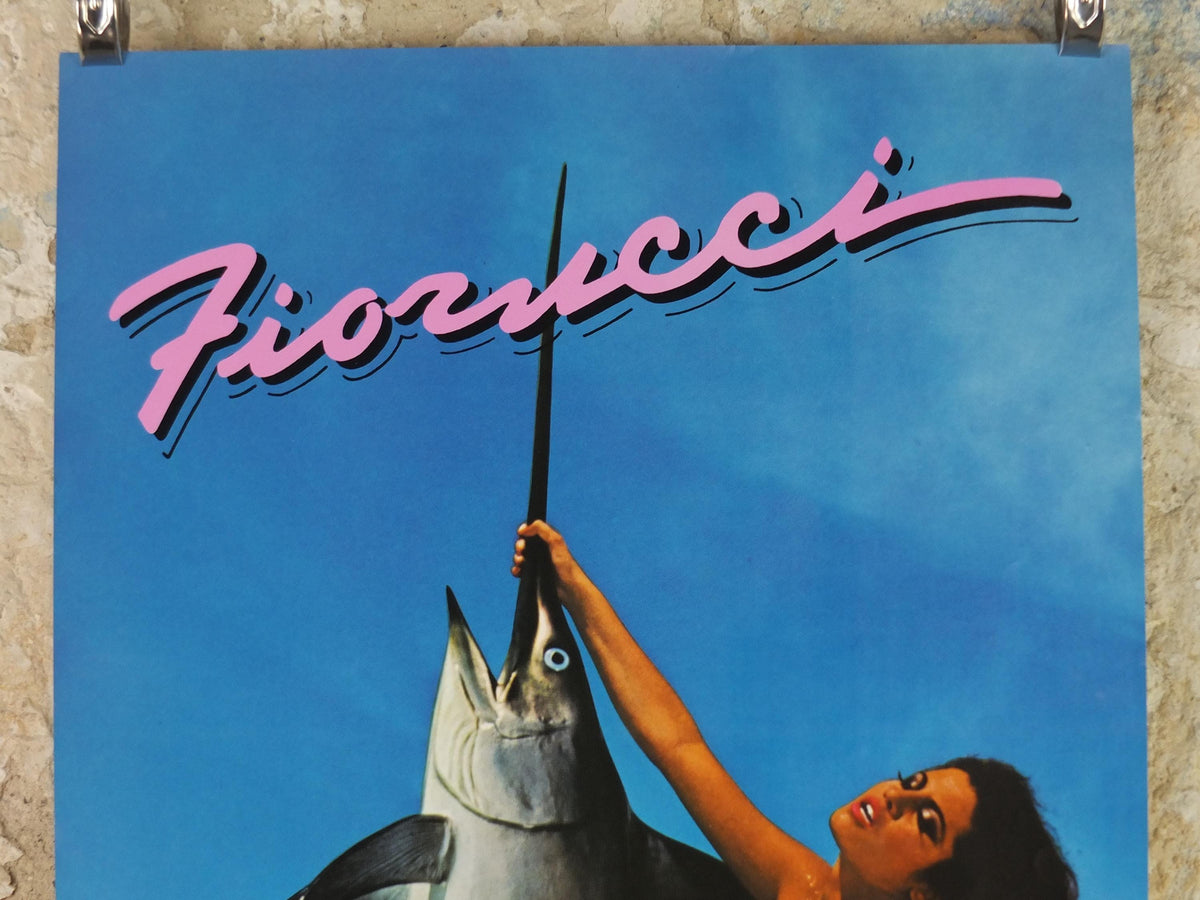 1979 Fiorucci Swordfish Poster, Italian fashion label, beautiful woman in purple swimsuit with swordfish, advertising retro wall art decor