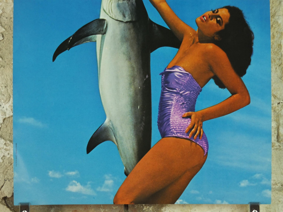 1979 Fiorucci Swordfish Poster, Italian fashion label, beautiful woman in purple swimsuit with swordfish, advertising retro wall art decor