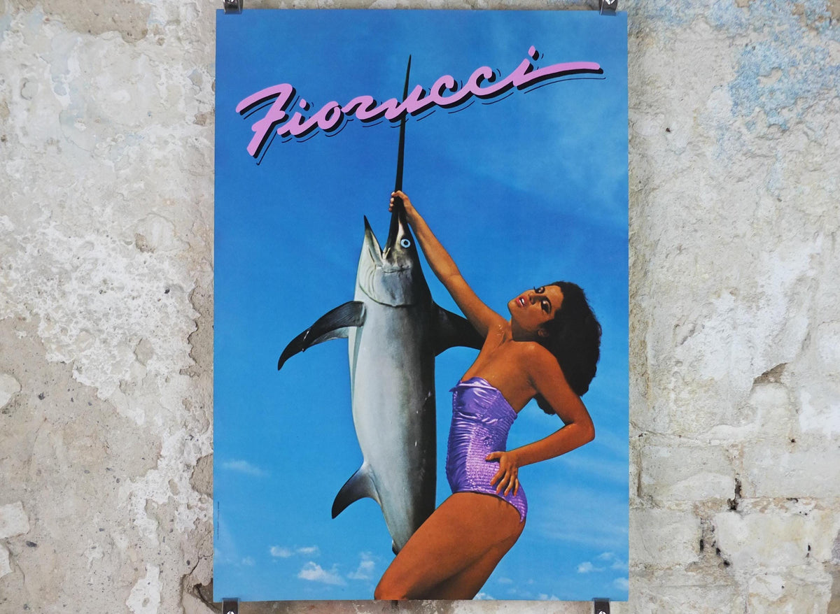 1979 Fiorucci Swordfish Poster, Italian fashion label, beautiful woman in purple swimsuit with swordfish, advertising retro wall art decor