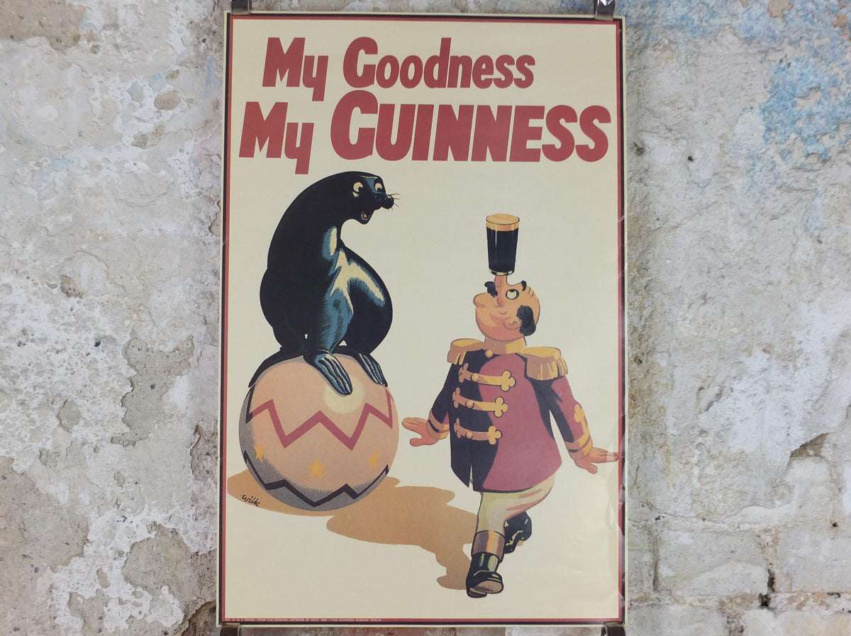 1990s My Goodness My Guinness Poster, from Guinness Museum, By Wilk 1958, seal on a ball with man balancing a pint, Wall art decor