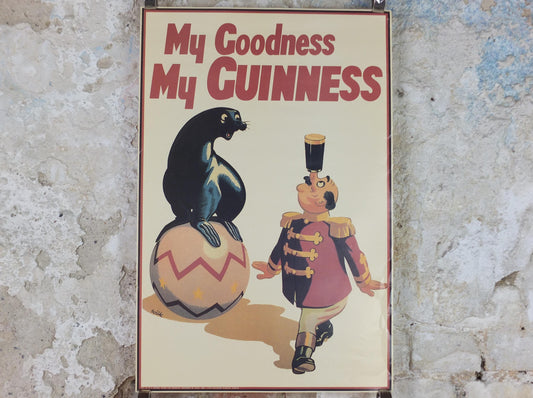 1990s My Goodness My Guinness Poster, from Guinness Museum, By Wilk 1958, seal on a ball with man balancing a pint, Wall art decor