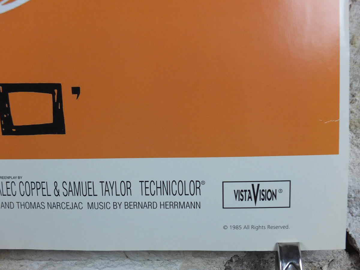 1985 Vertigo Movie Poster, Alfred Hitchcock, James Stewart & Kim Novak, orange wall art decor, cinema film memorabilia