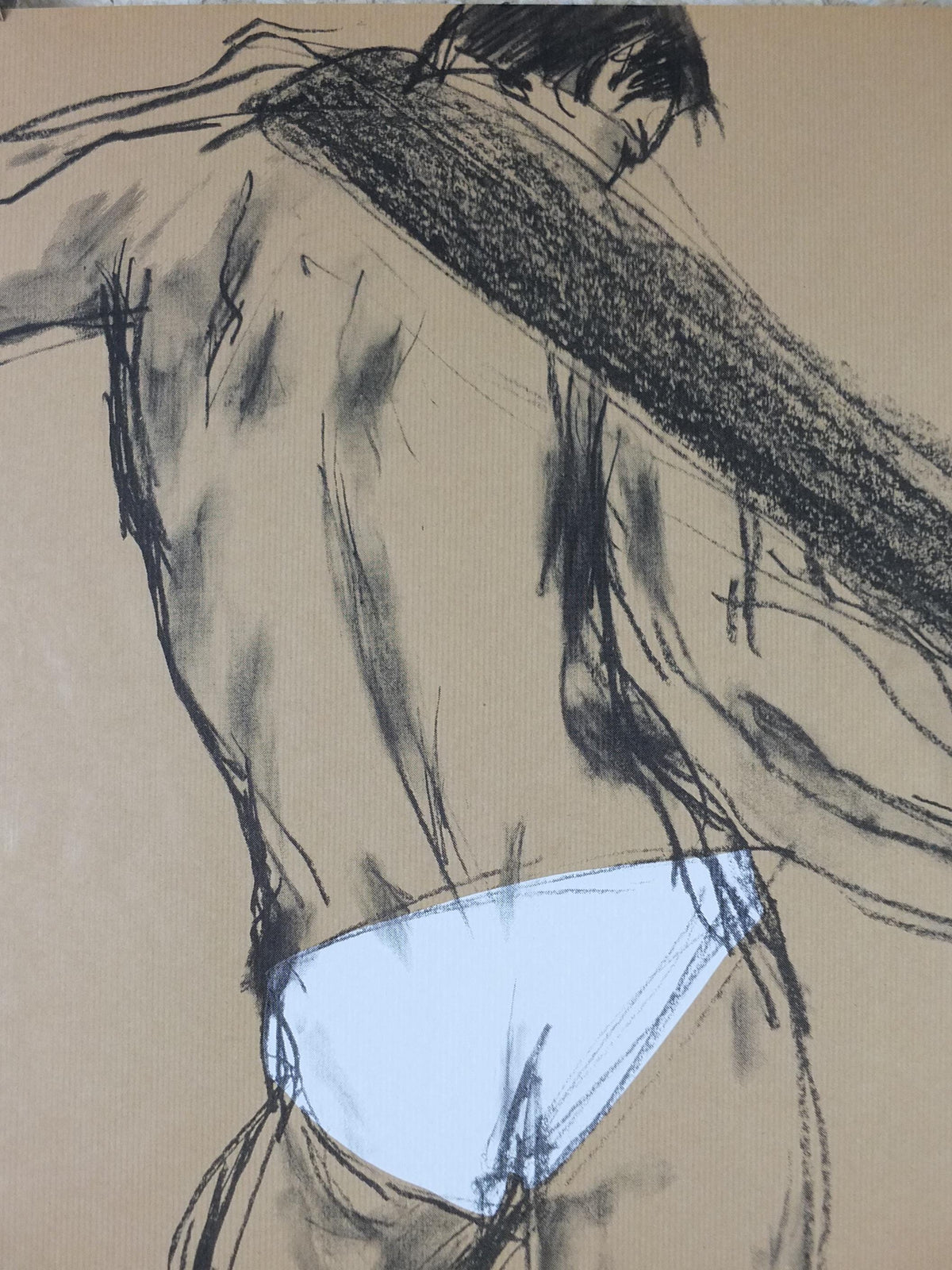 1981 Colin Barnes Poster, pants 1910, white underwear briefs pose, male form erotic nude, artist gallery exhibition wall art decor