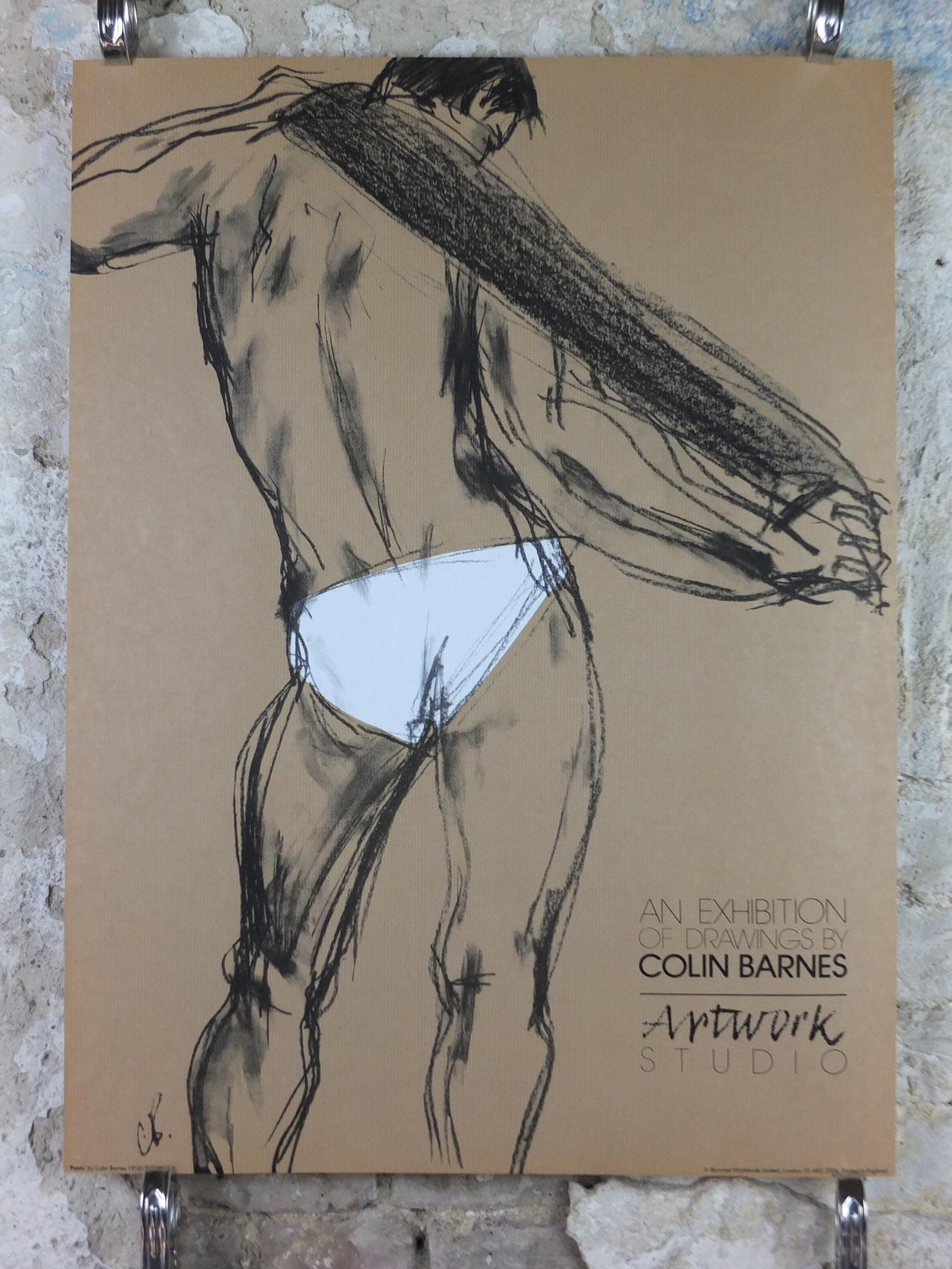 1981 Colin Barnes Poster, pants 1910, underwear briefs pose, male form erotic nude, artist gallery exhibition wall art decor