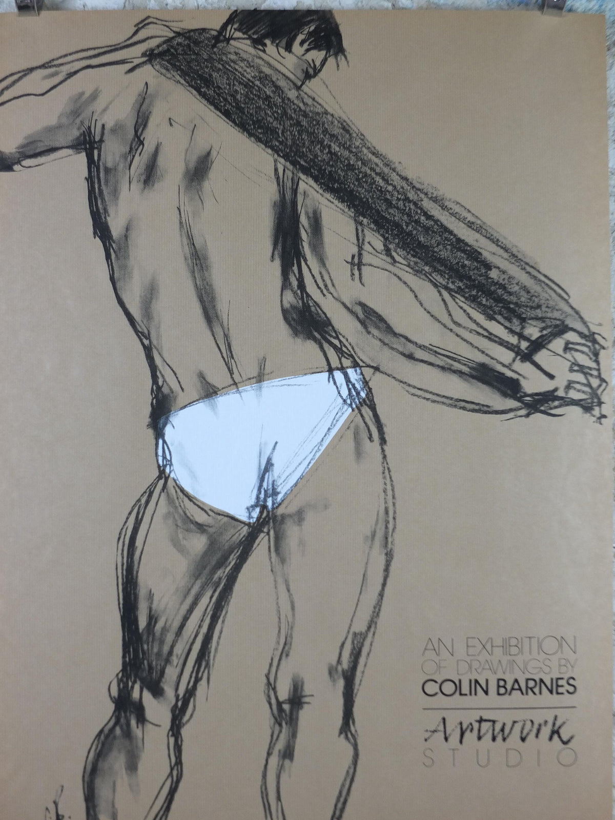 1981 Colin Barnes Poster, pants 1910, white underwear briefs pose, male form erotic nude, artist gallery exhibition wall art decor