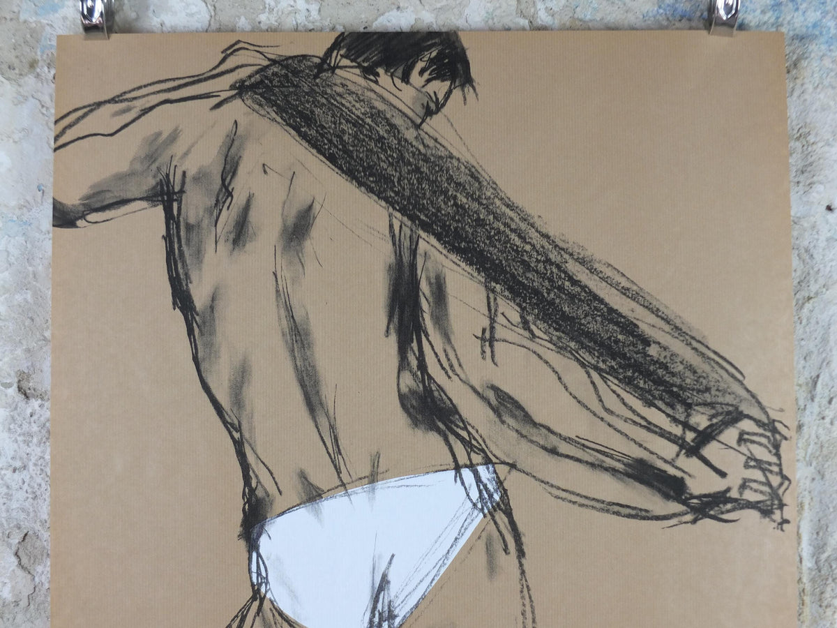 1981 Colin Barnes Poster, pants 1910, white underwear briefs pose, male form erotic nude, artist gallery exhibition wall art decor