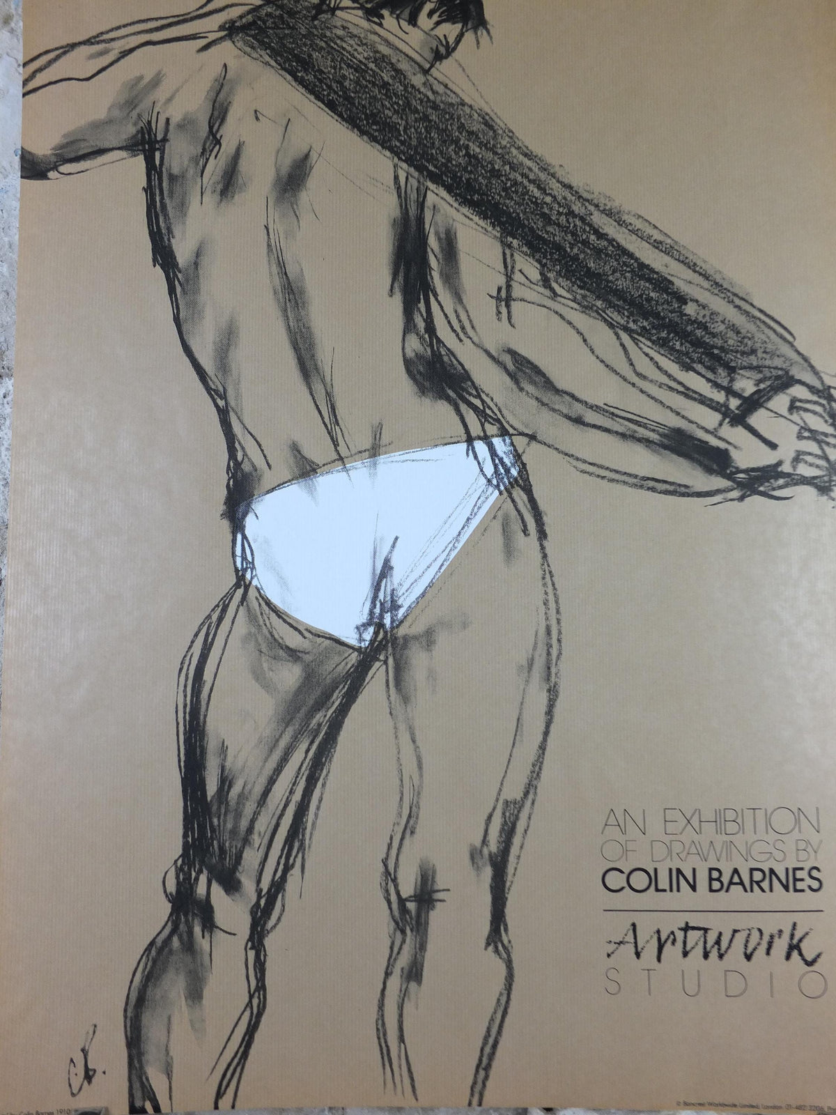 1981 Colin Barnes Poster, pants 1910, white underwear briefs pose, male form erotic nude, artist gallery exhibition wall art decor