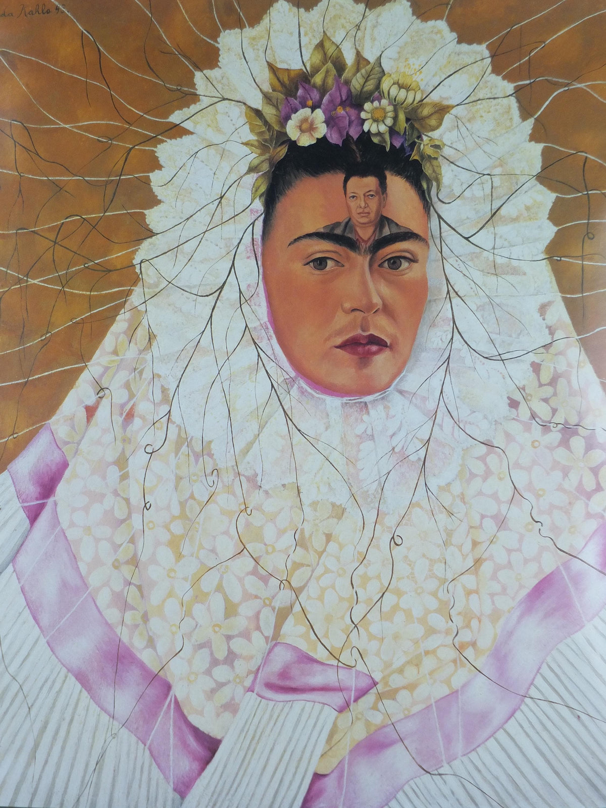 1991 Frida Kahlo Poster, "Self Portrait as a Tehuana" or "Diego in My Thoughts" 1943 self portrait with husband, Surrealism, wall art decor