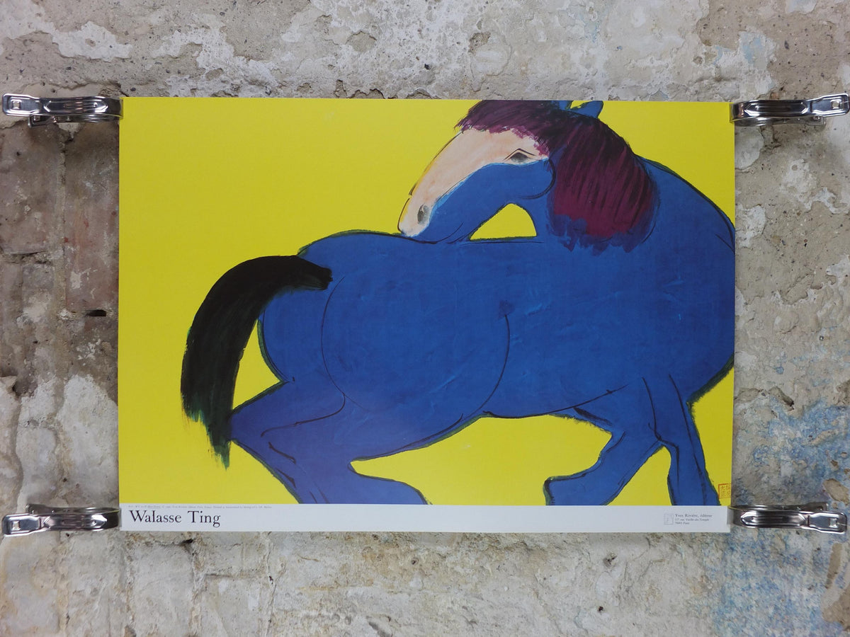 1990 Walasse Ting Poster, Blue Horse 1990, colourful popular figuratism, pop art, gallery exhibition, wall art decor
