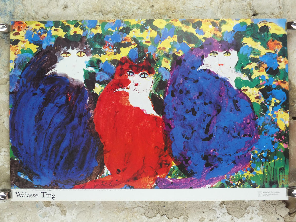 1990 Walasse Ting Poster, Three Cats 1990, blue cat, red cat, blue cat, colourful popular figuratism, pop art, gallery, wall art decor