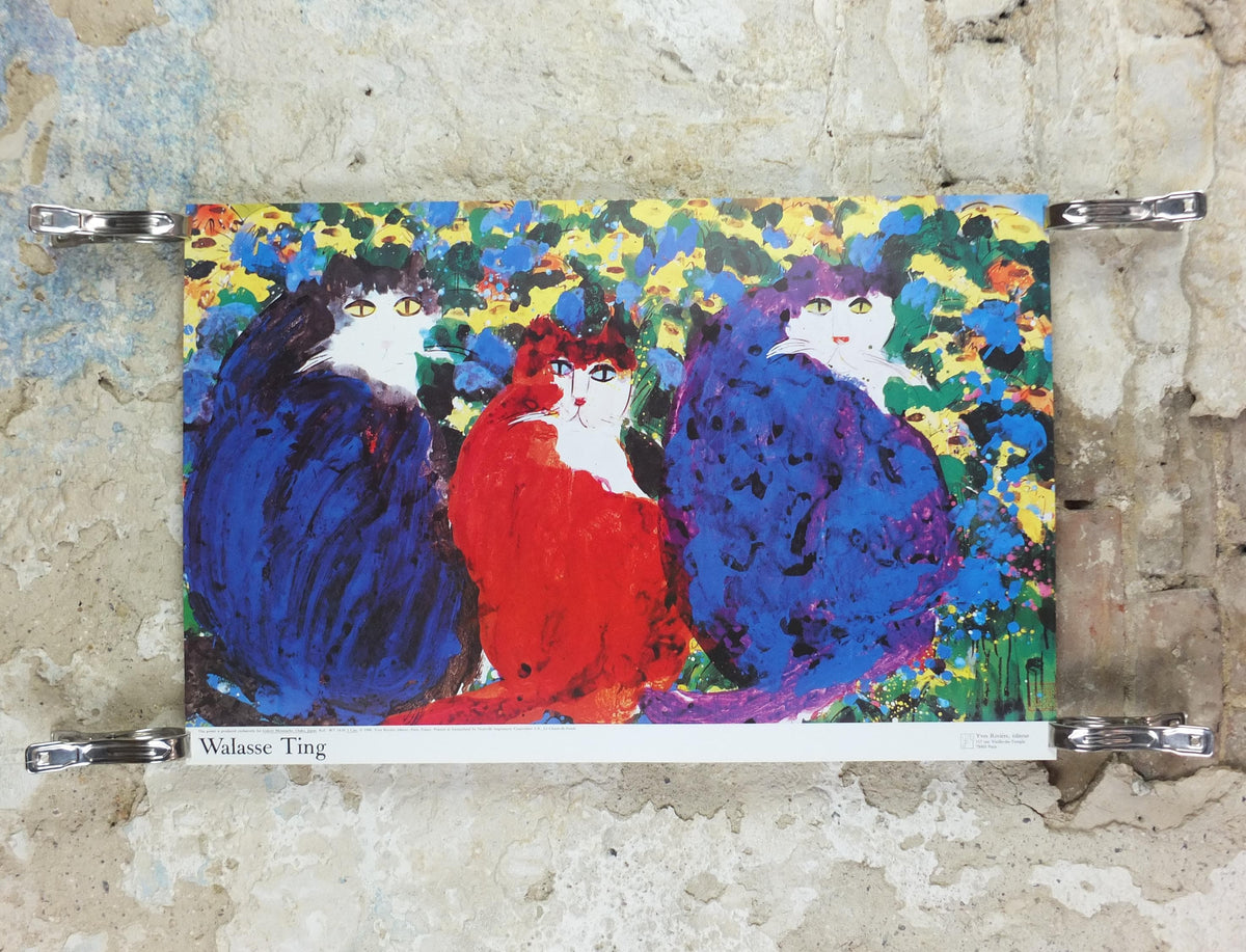 1990 Walasse Ting Poster, Three Cats 1990, blue cat, red cat, blue cat, colourful popular figuratism, pop art, gallery, wall art decor