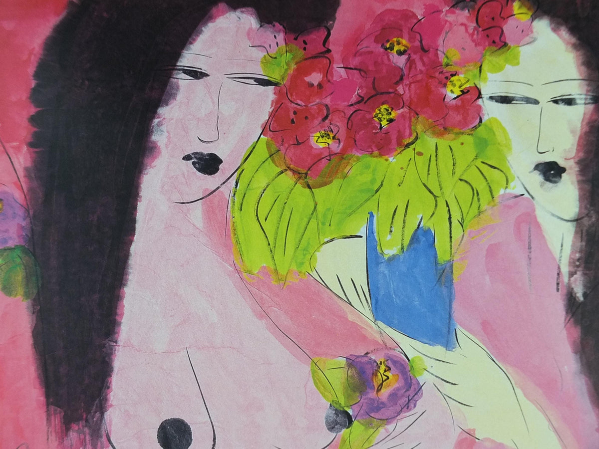 1988 Walasse Ting Poster, Two women in pink with flowers, colourful popular figuratism, pop art, gallery, wall art decor