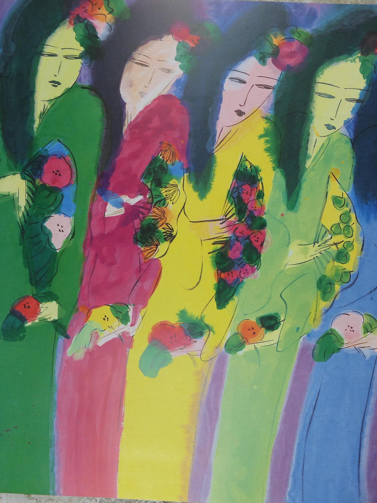 1988 Walasse Ting Poster, Seven Ladies with flowers and fans, colourful popular figuratism, pop art, gallery, wall art decor