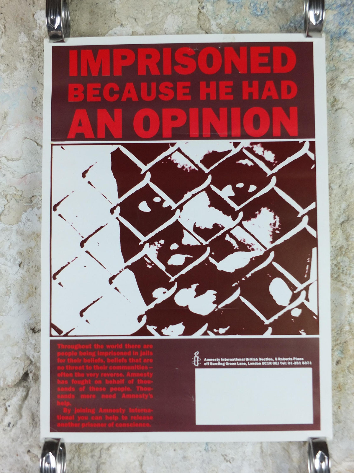 1980s Amnesty International Poster, Imprisoned because he had an opinion, Human Rights, wall art decor