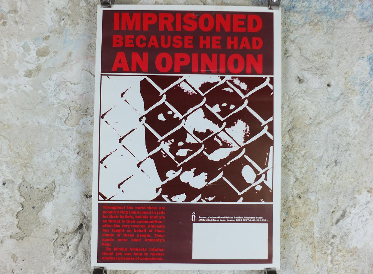 1980s Amnesty International Poster, Imprisoned because he had an opinion, Human Rights, wall art decor