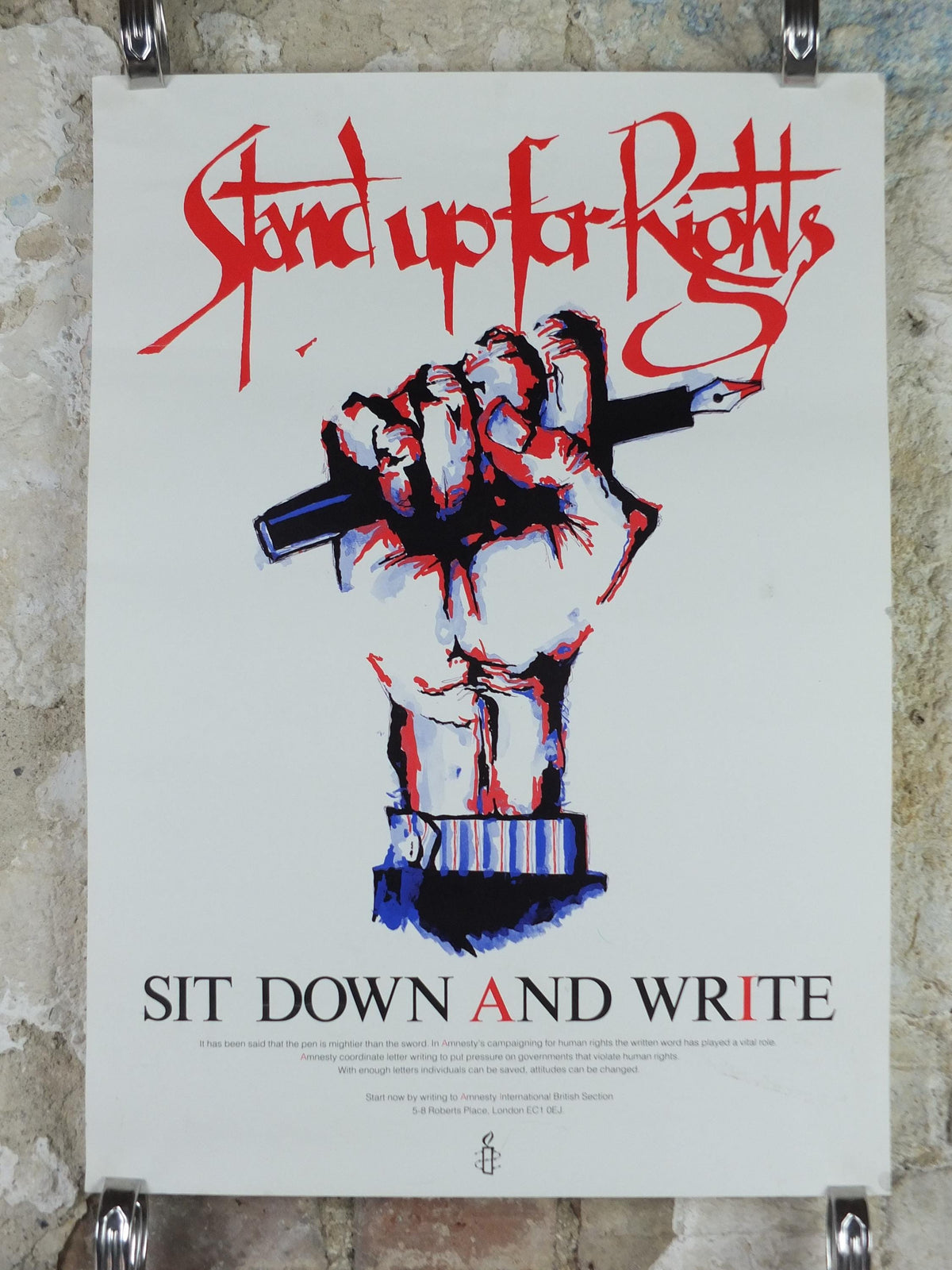 1980s Amnesty International Poster, Stand up for Rights, Sit Down and Write, Human Rights, wall art decor