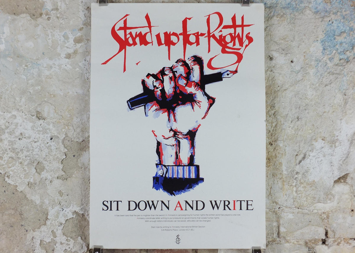 1980s Amnesty International Poster, Stand up for Rights, Sit Down and Write, Human Rights, wall art decor