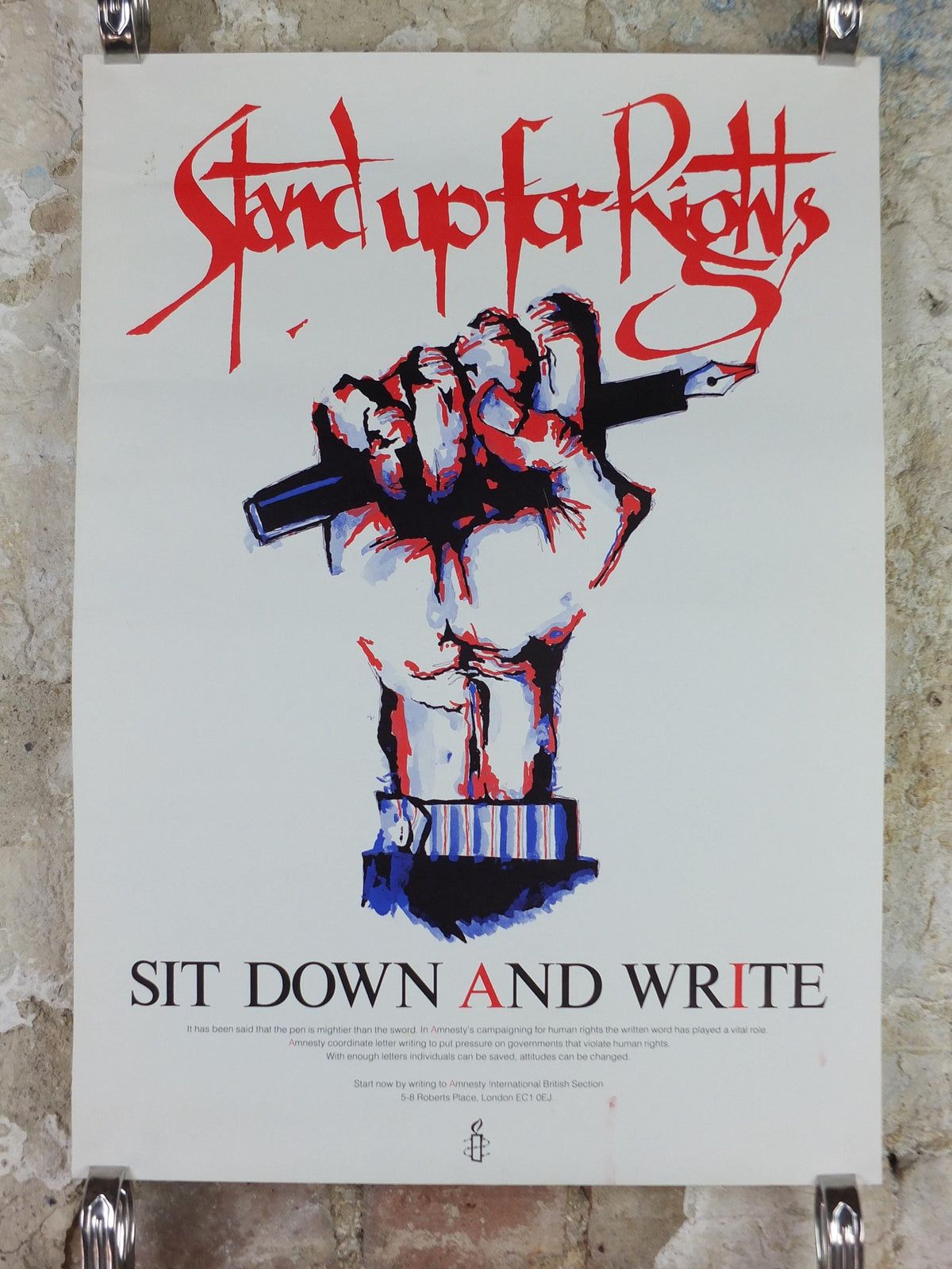 1980s Amnesty International Poster, Stand up for Rights, Sit Down and Write, Pen and Fist, Human Rights, wall art decor