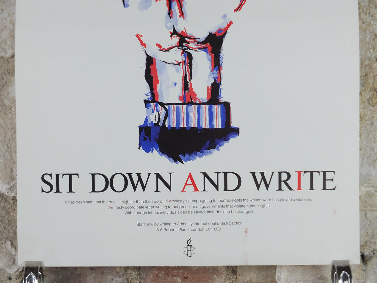1980s Amnesty International Poster, Stand up for Rights, Sit Down and Write, Pen and Fist, Human Rights, wall art decor
