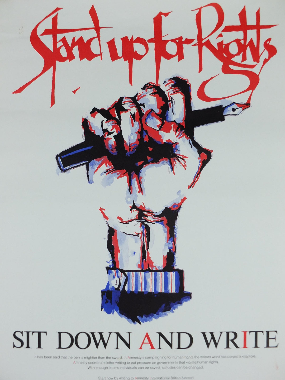 1980s Amnesty International Poster, Stand up for Rights, Sit Down and Write, Pen and Fist, Human Rights, wall art decor