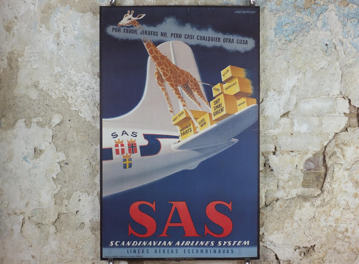 2004 SAS No Giraffes Please Poster, Scandinavian Airlines, by Aage Rasmussen, mid-century airline advertising, wall art decor