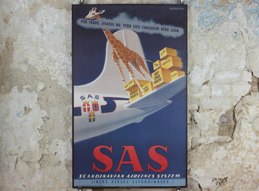 2004 SAS No Giraffes Please Poster, Scandinavian Airlines, by Aage Rasmussen, mid-century airline advertising, wall art decor