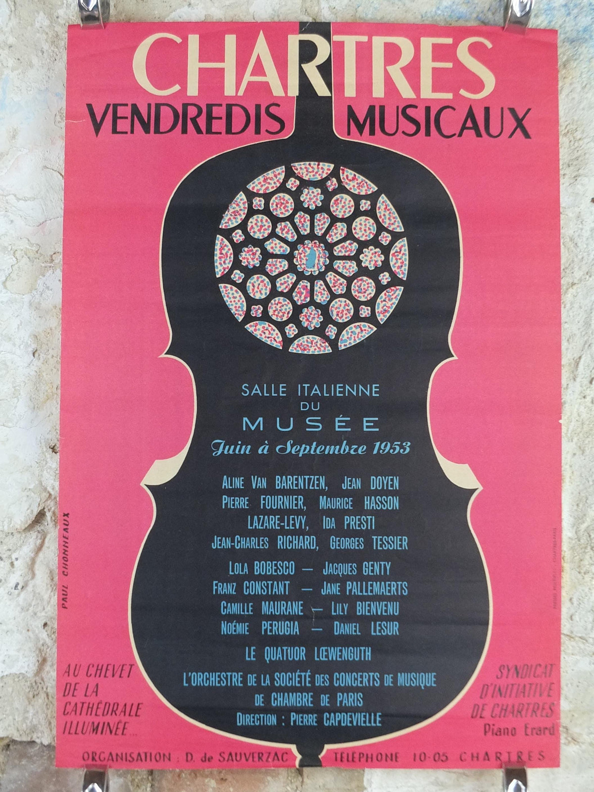 1953 Chartres Musical Fridays Poster, Vendredis Musicaux, by Paul Chonneaux, Cello outline, Paris, music wall art decor