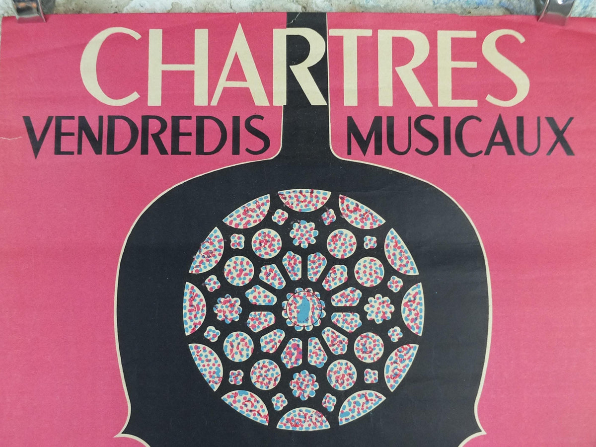 1953 Chartres Musical Fridays Poster, Vendredis Musicaux, by Paul Chonneaux, Cello outline, Paris, music wall art decor