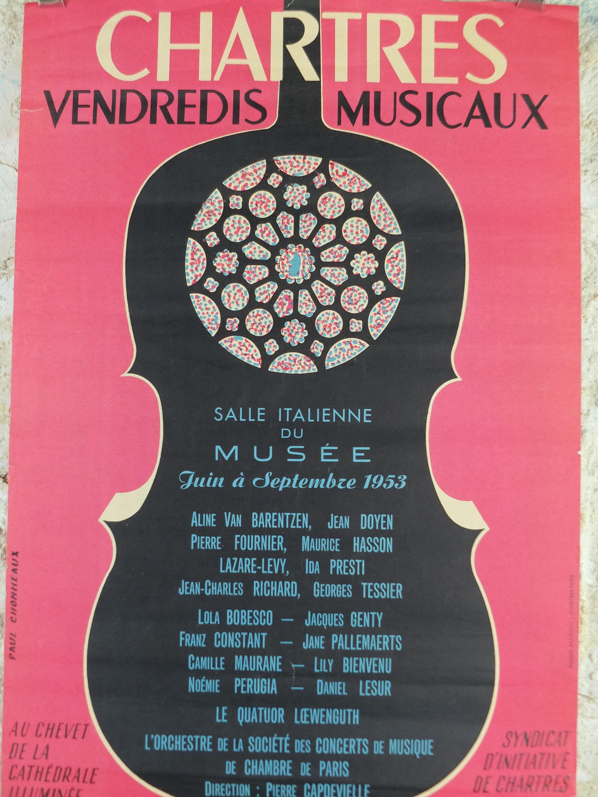 1953 Chartres Musical Fridays Poster, Vendredis Musicaux, by Paul Chonneaux, Cello outline, Paris, music wall art decor