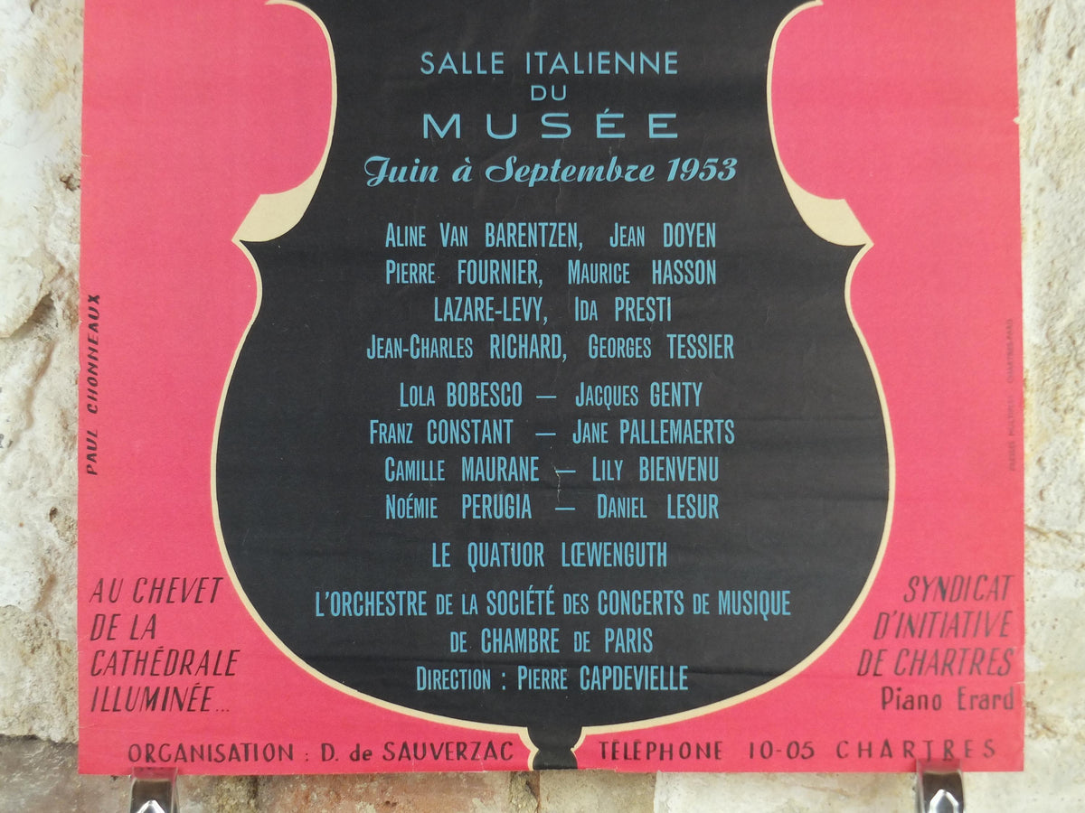 1953 Chartres Musical Fridays Poster, Vendredis Musicaux, by Paul Chonneaux, Cello outline, Paris, music wall art decor
