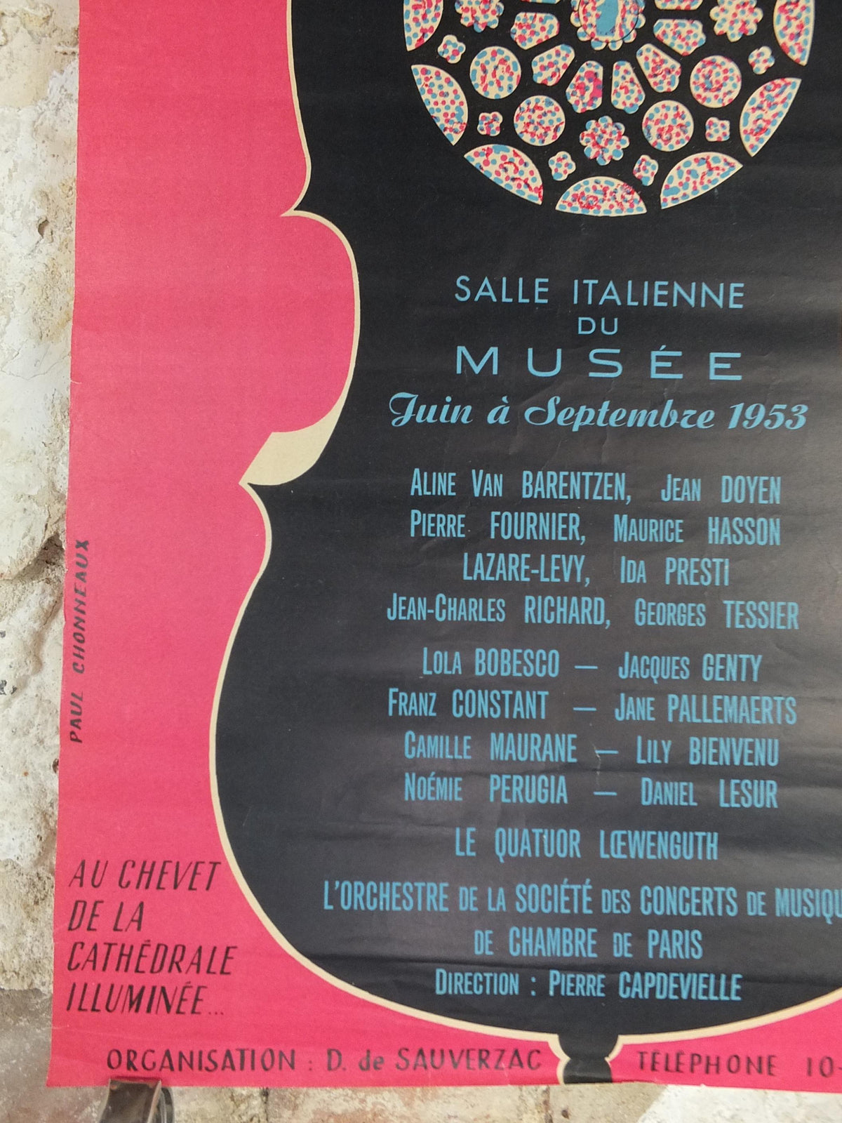 1953 Chartres Musical Fridays Poster, Vendredis Musicaux, by Paul Chonneaux, Cello outline, Paris, music wall art decor