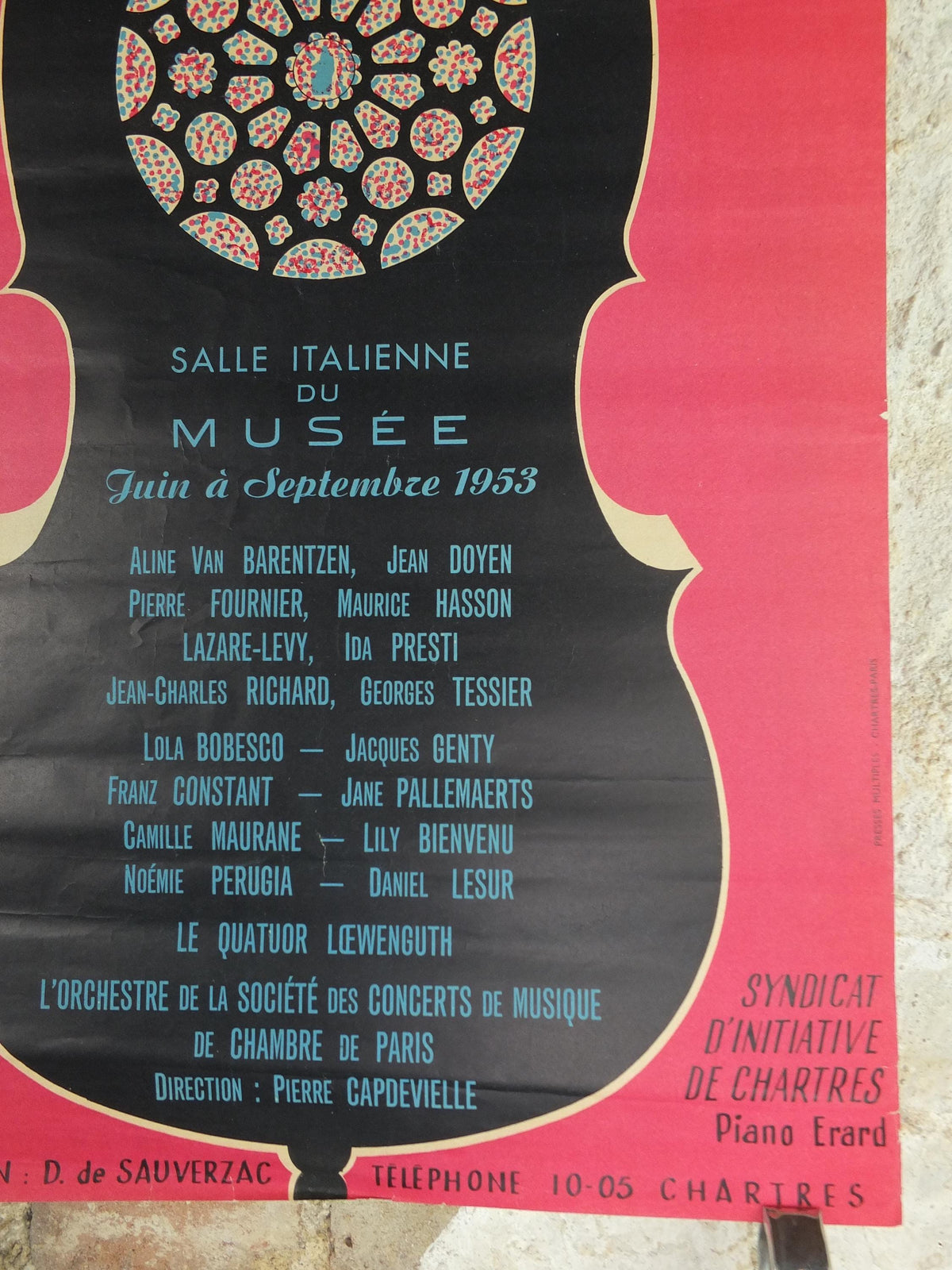 1953 Chartres Musical Fridays Poster, Vendredis Musicaux, by Paul Chonneaux, Cello outline, Paris, music wall art decor