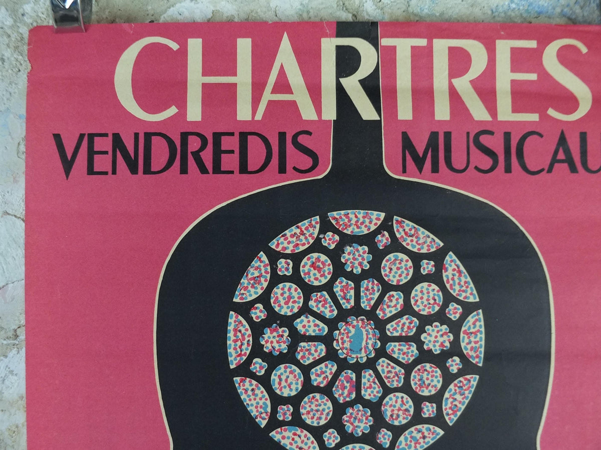 1953 Chartres Musical Fridays Poster, Vendredis Musicaux, by Paul Chonneaux, Cello outline, Paris, music wall art decor
