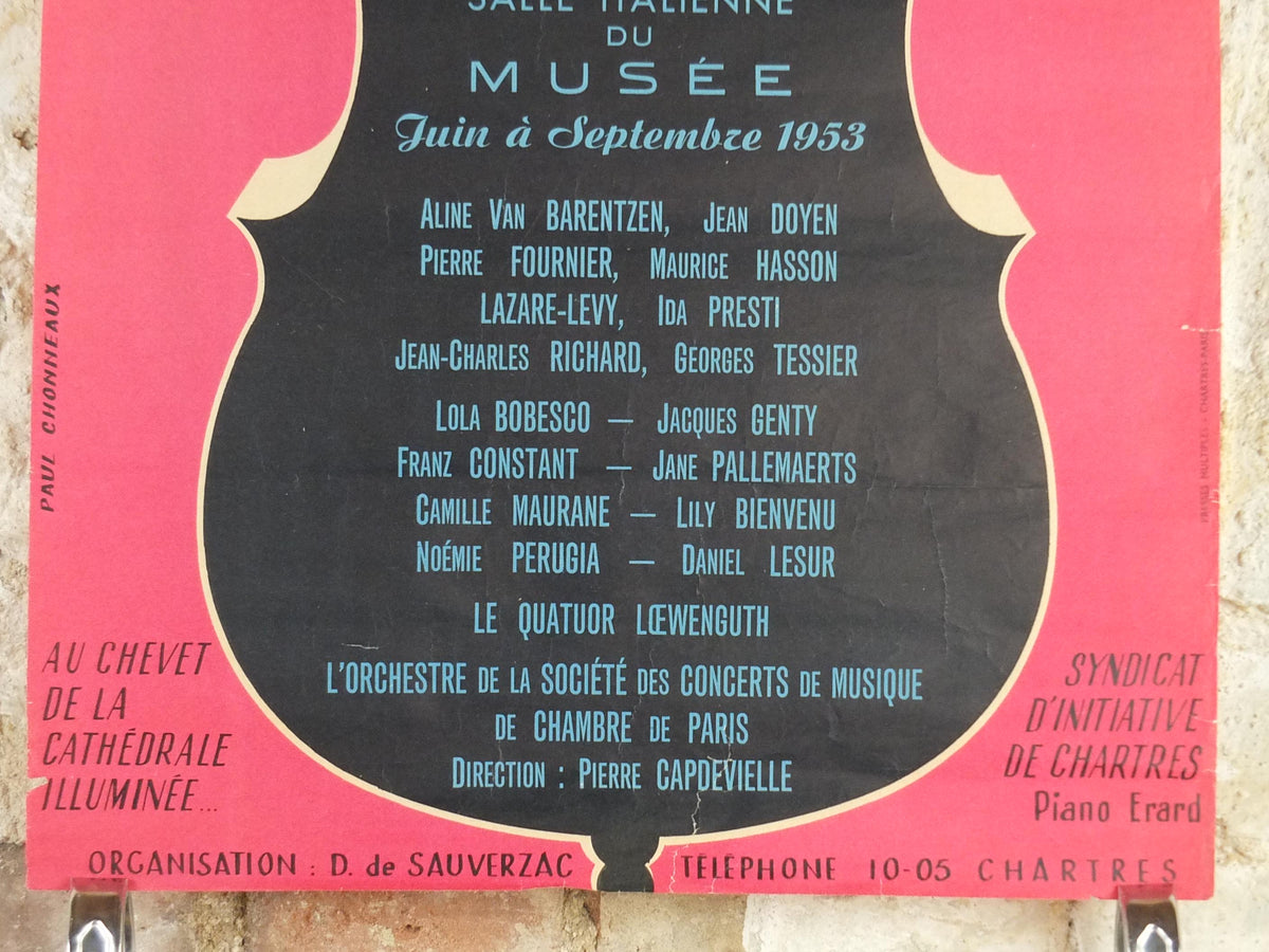 1953 Chartres Musical Fridays Poster, Vendredis Musicaux, by Paul Chonneaux, Cello outline, Paris, music wall art decor