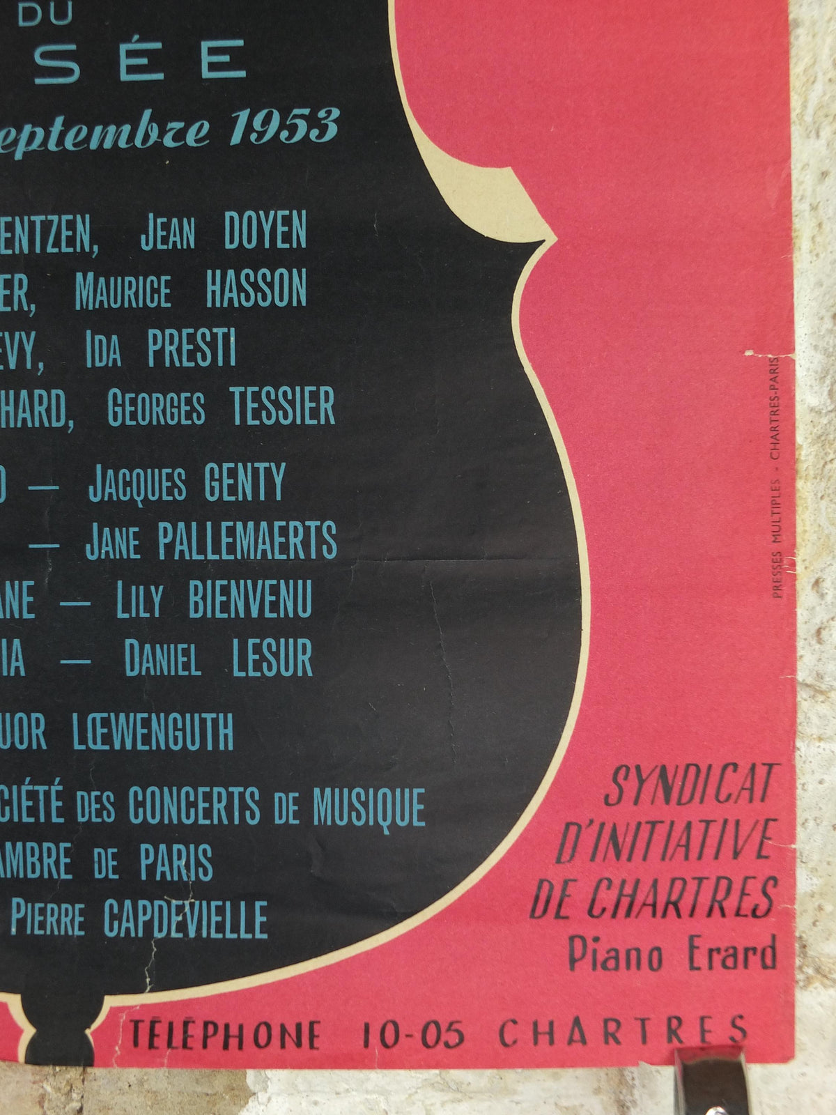 1953 Chartres Musical Fridays Poster, Vendredis Musicaux, by Paul Chonneaux, Cello outline, Paris, music wall art decor