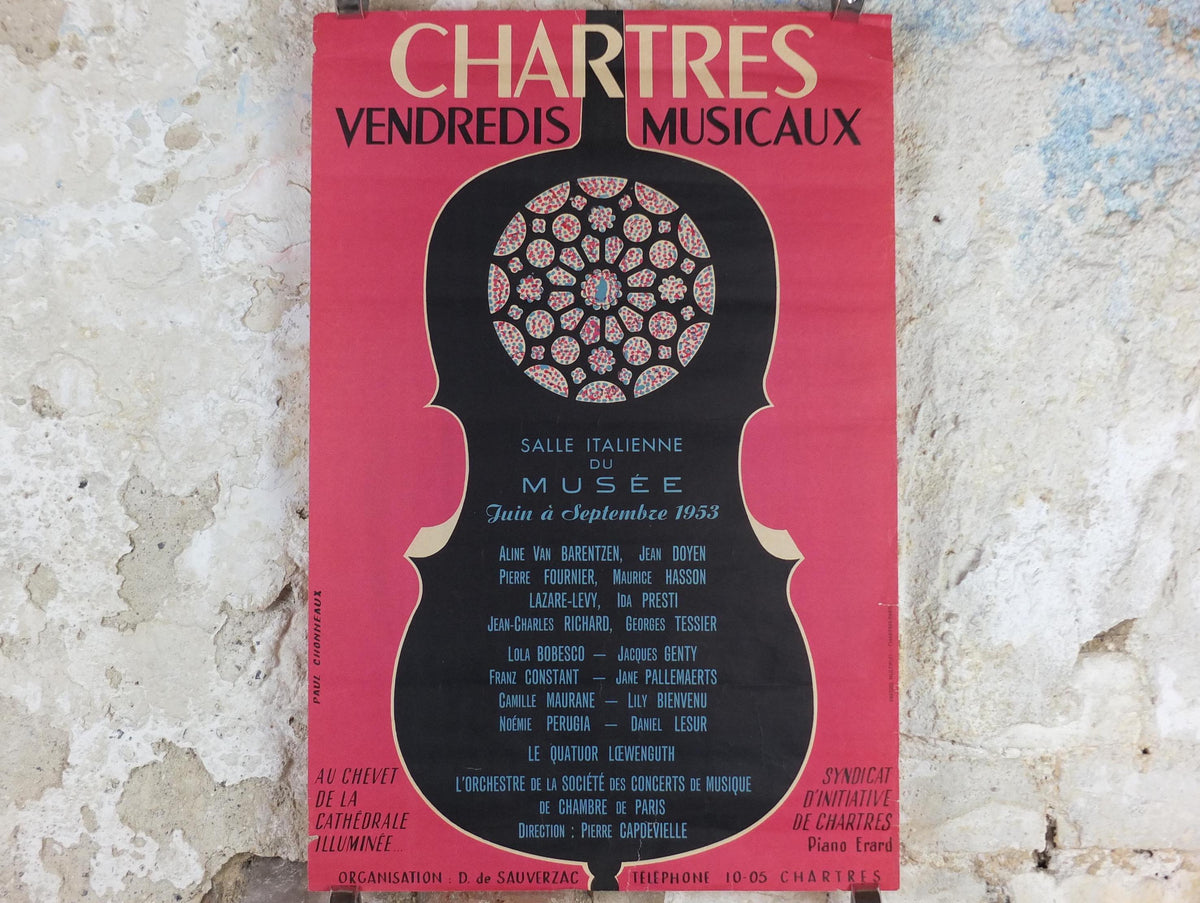 1953 Chartres Musical Fridays Poster, Vendredis Musicaux, by Paul Chonneaux, Cello outline, Paris, music wall art decor