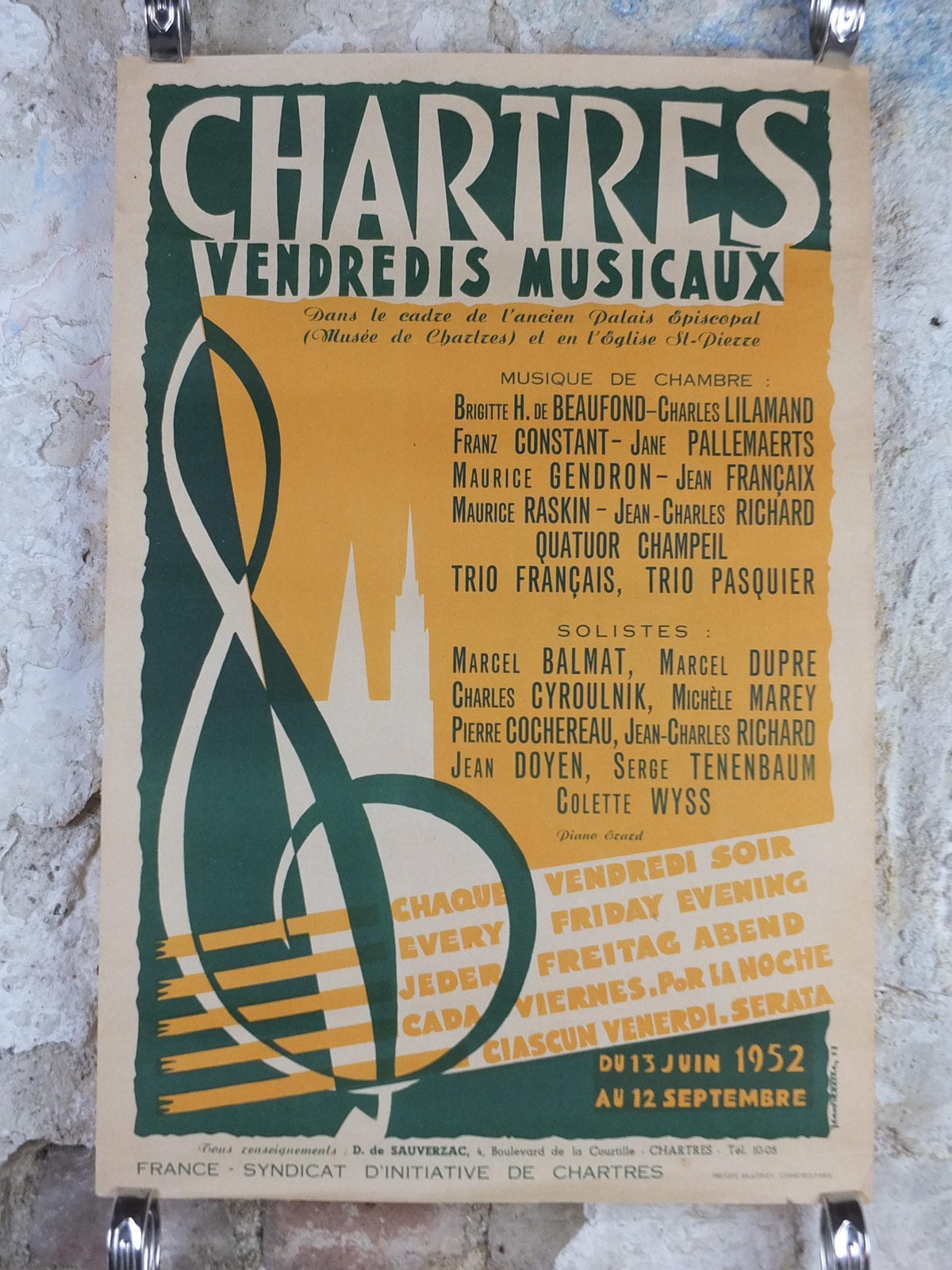 1952 Chartres Musical Fridays Poster, Vendredis Musicaux, by Jean Elette, Treble Clef, Paris, music wall art decor