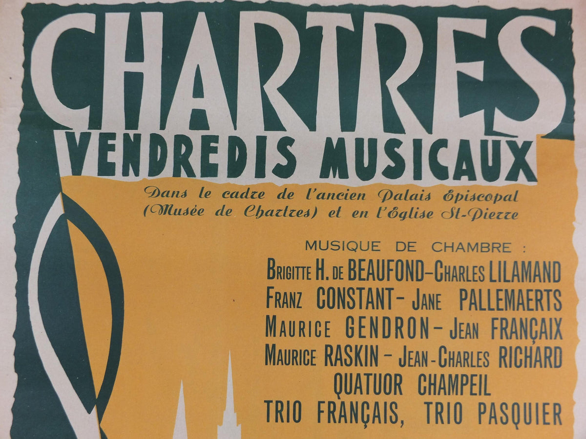 1952 Chartres Musical Fridays Poster, Vendredis Musicaux, by Jean Elette, Treble Clef, Paris, music wall art decor