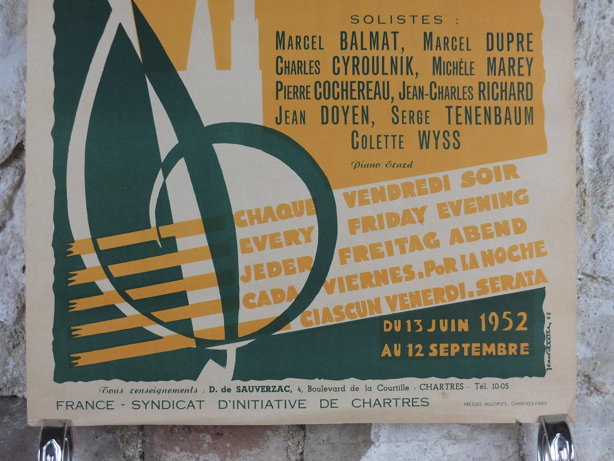 1952 Chartres Musical Fridays Poster, Vendredis Musicaux, by Jean Elette, Treble Clef, Paris, music wall art decor