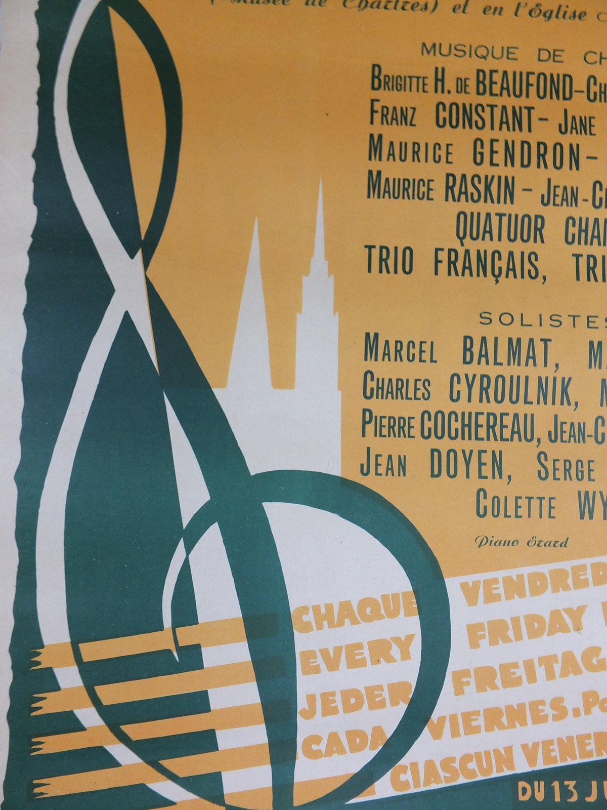 1952 Chartres Musical Fridays Poster, Vendredis Musicaux, by Jean Elette, Treble Clef, Paris, music wall art decor