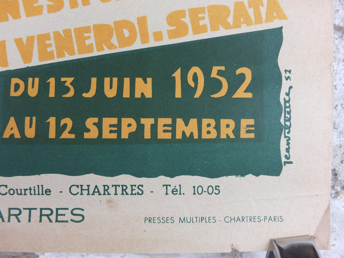 1952 Chartres Musical Fridays Poster, Vendredis Musicaux, by Jean Elette, Treble Clef, Paris, music wall art decor