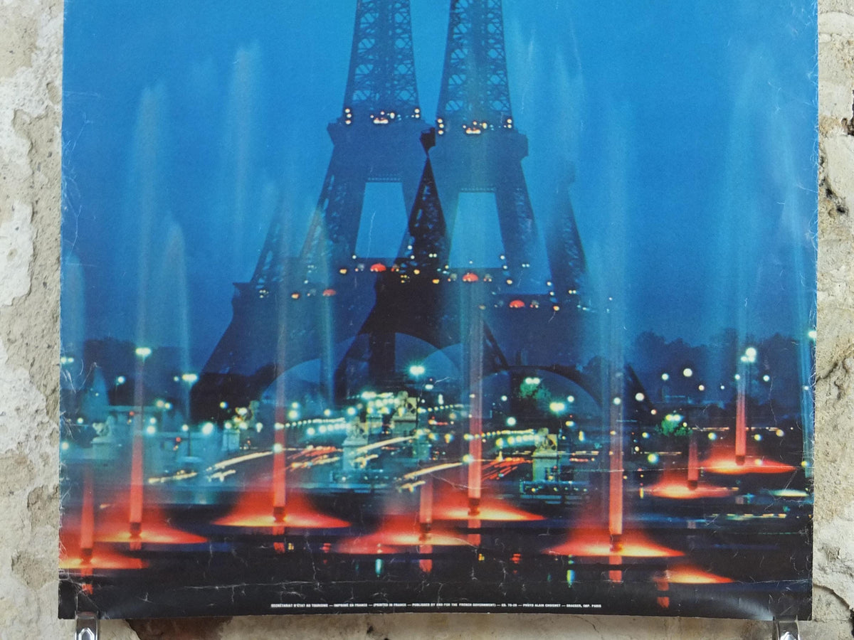 1978 Eiffel Tower Paris Poster, Paris by Night, Lights and Fountains, France travel wall art decor