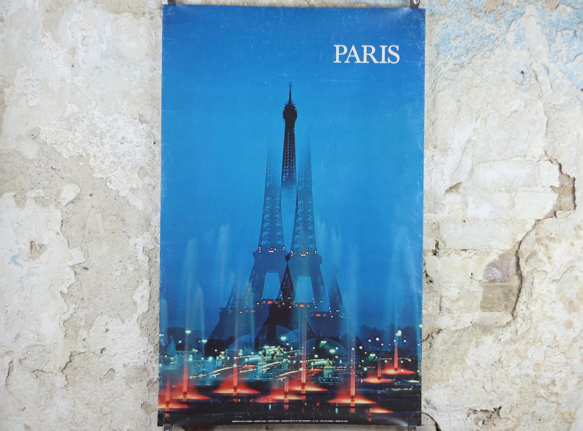 1978 Eiffel Tower Paris Poster, Paris by Night, Lights and Fountains, France travel wall art decor