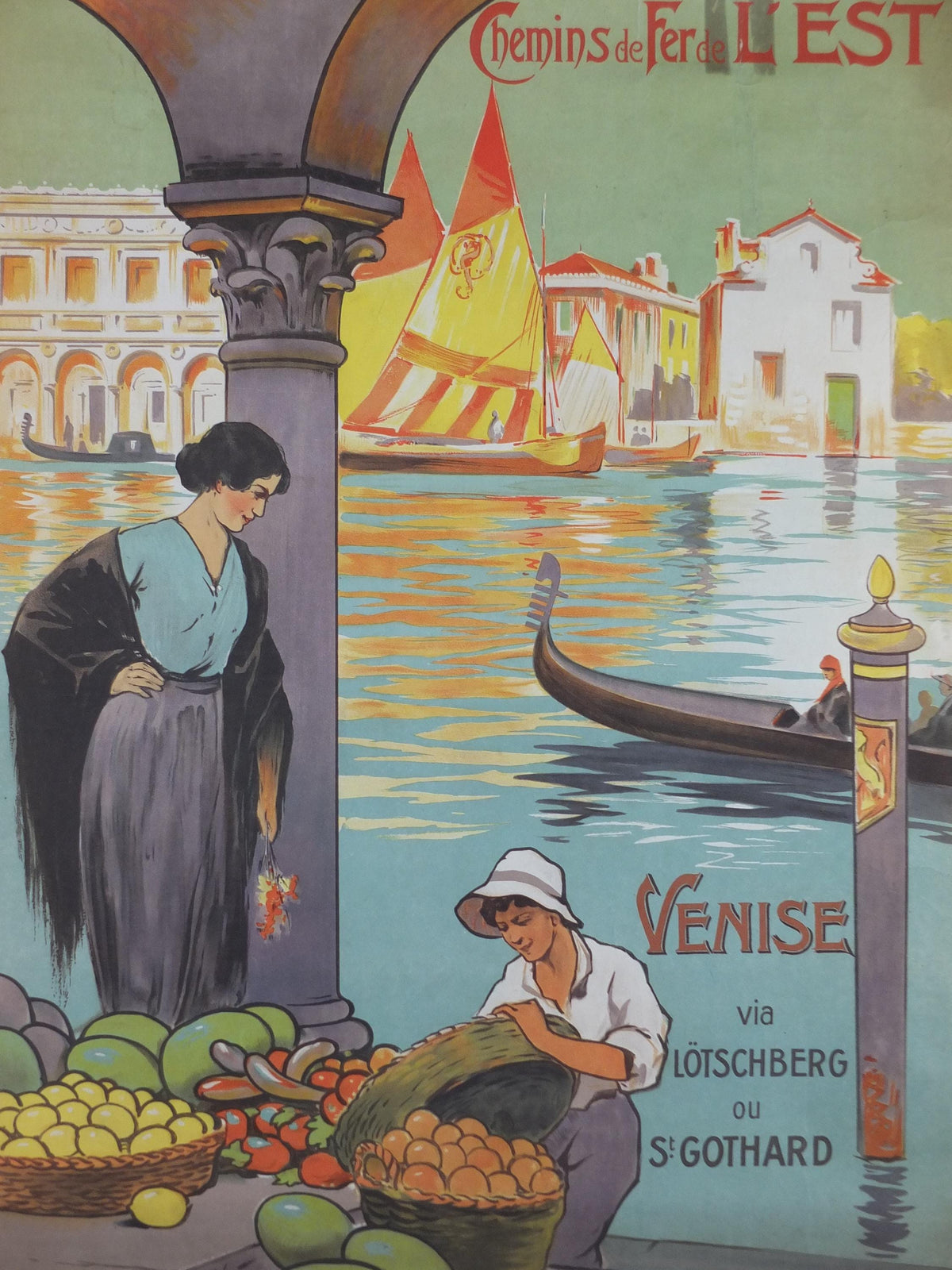 1920s Venice Poster, Chemins de fer de l'est Venezia, by E Louis Lessieux, Lotschberg, St Gothard, Hachard, gondolas, travel wall art decor