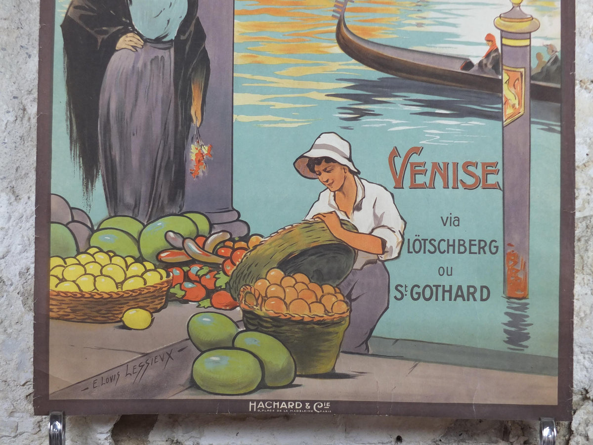1920s Venice Poster, Chemins de fer de l'est Venezia, by E Louis Lessieux, Lotschberg, St Gothard, Hachard, gondolas, travel wall art decor
