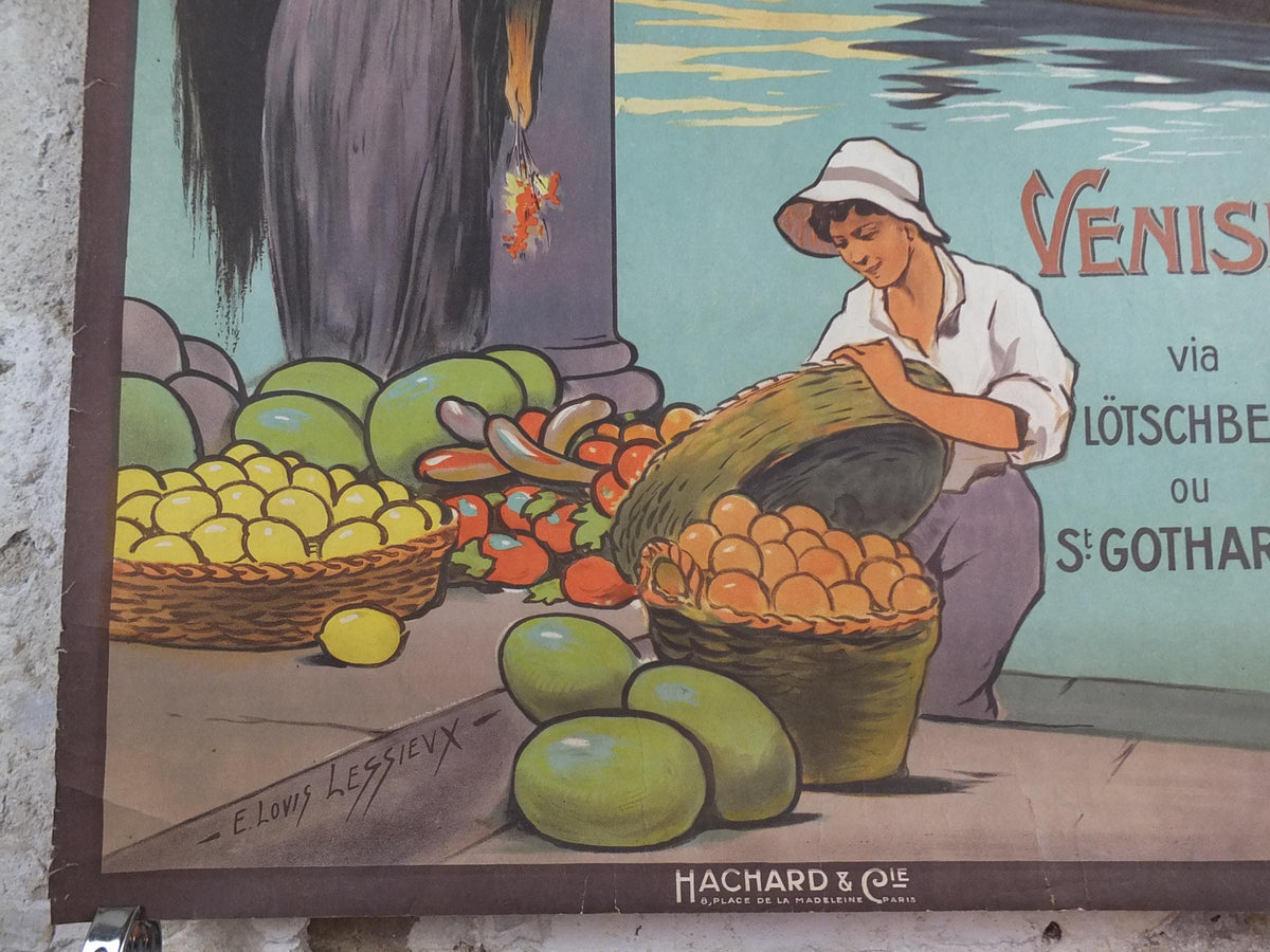 1920s Venice Poster, Chemins de fer de l'est Venezia, by E Louis Lessieux, Lotschberg, St Gothard, Hachard, gondolas, travel wall art decor