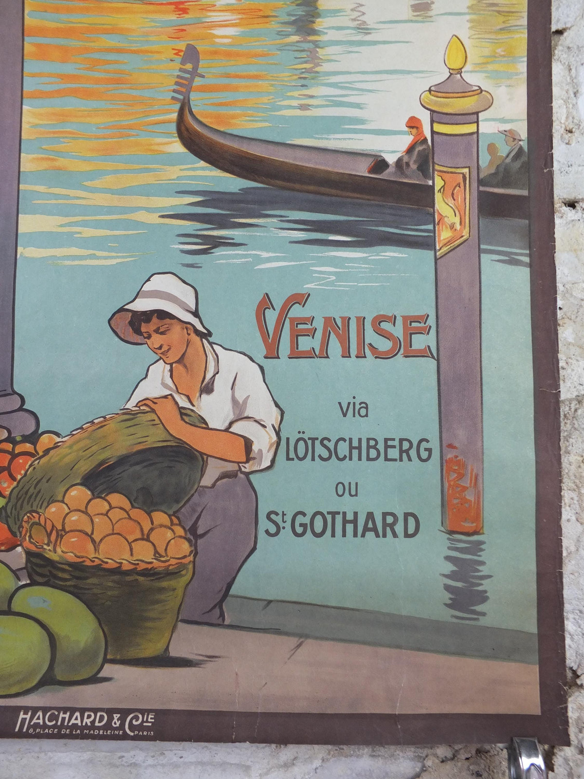 1920s Venice Poster, Chemins de fer de l'est Venezia, by E Louis Lessieux, Lotschberg, St Gothard, Hachard, gondolas, travel wall art decor