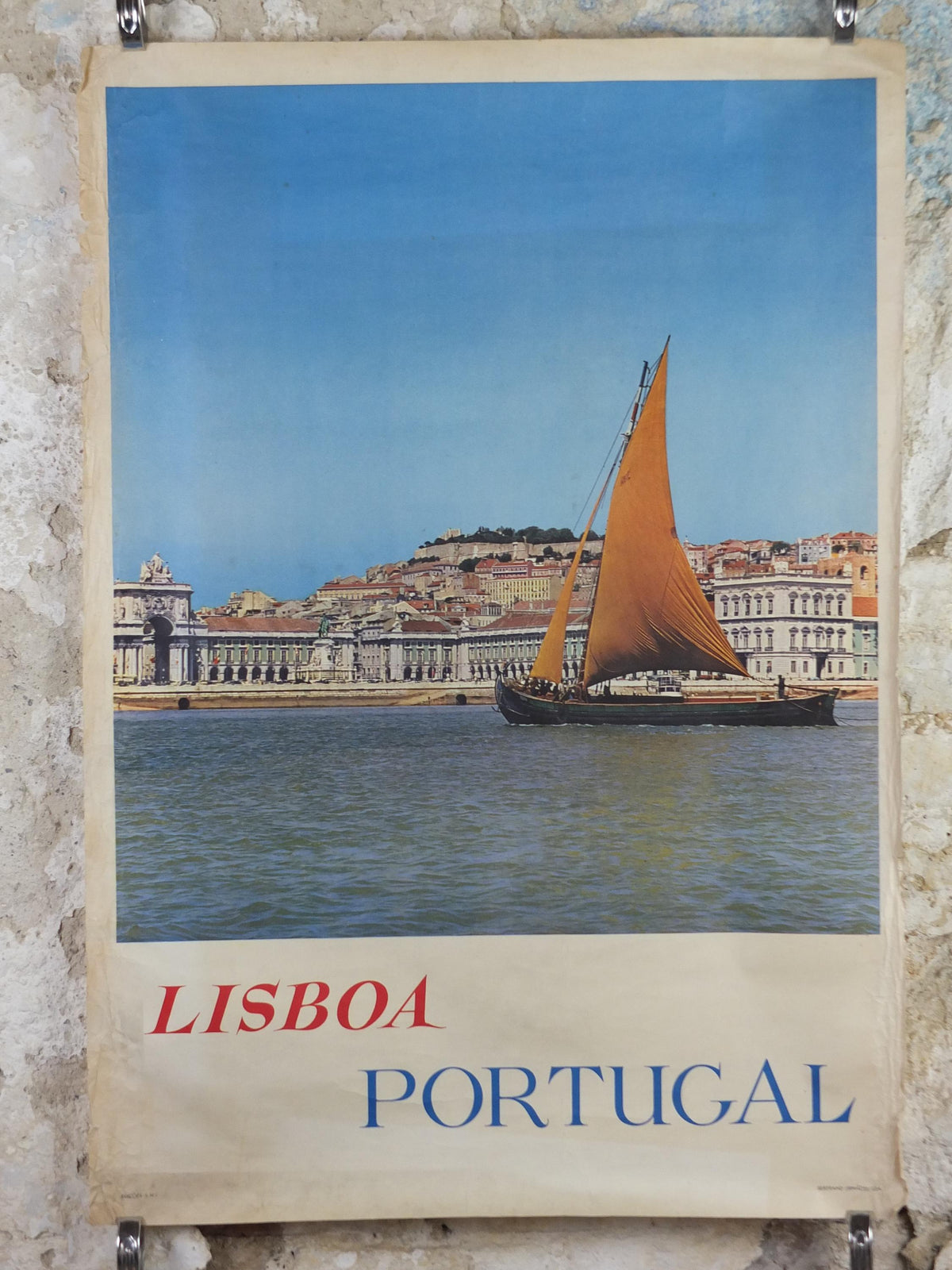 1960s Lisbon Travel Poster, Praça do Comércio, Lisboa, Portugal, Tagus River Boat, Portuguese travel wall art decor