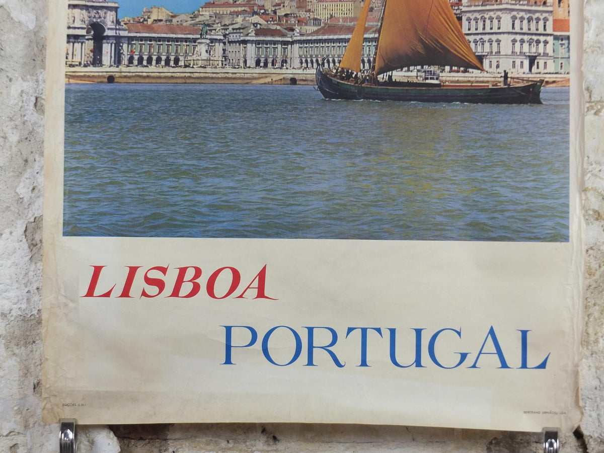 1960s Lisbon Travel Poster, Praça do Comércio, Lisboa, Portugal, Tagus River Boat, Portuguese travel wall art decor